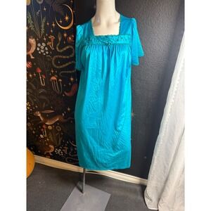 Vintage Fundamentals Teal Blue Satin Nightgown Embroidered Lace Square Neck M